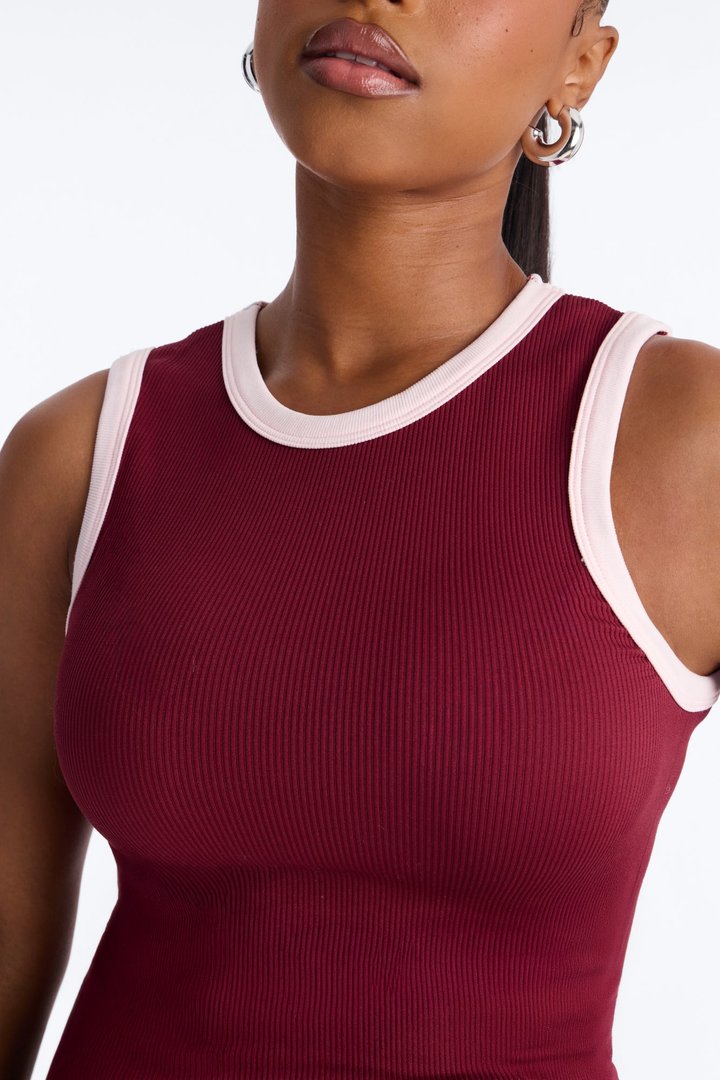 Rachel Ribbed Contrast Binding Crew Neck Tank Top - Burgundy/combo