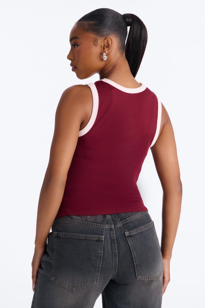 Rachel Ribbed Contrast Binding Crew Neck Tank Top - Burgundy/combo