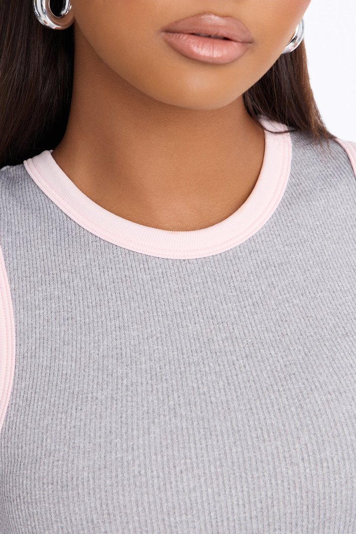 Rachel Ribbed Contrast Binding Crew Neck Tank Top - Grey/combo