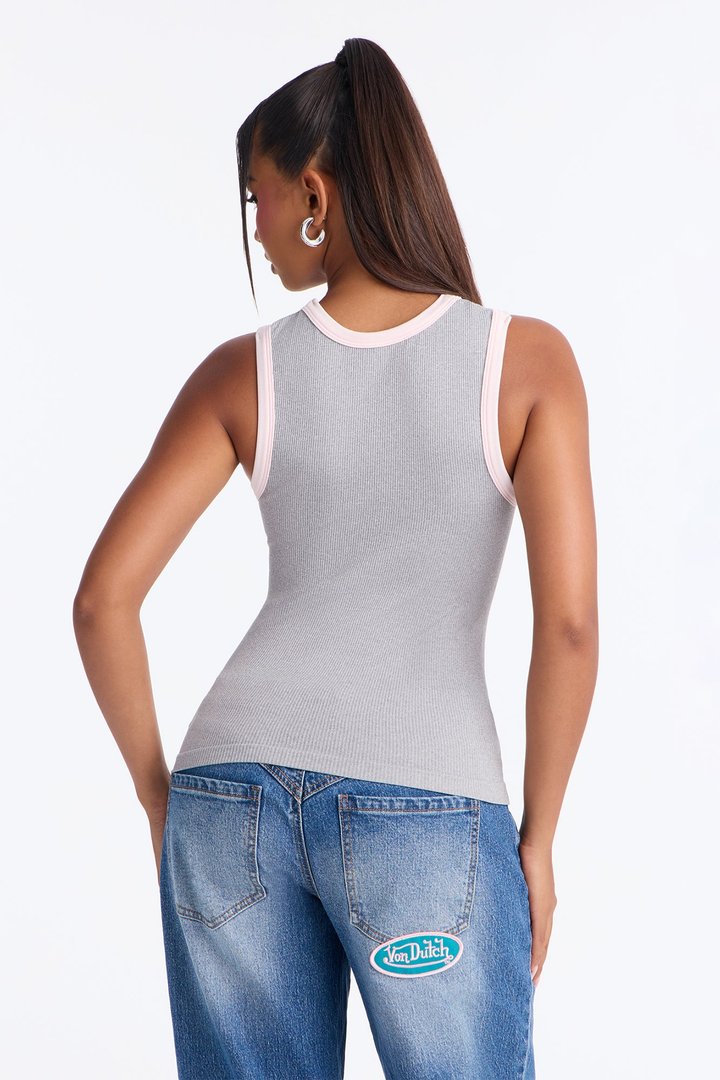 Rachel Ribbed Contrast Binding Crew Neck Tank Top - Grey/combo