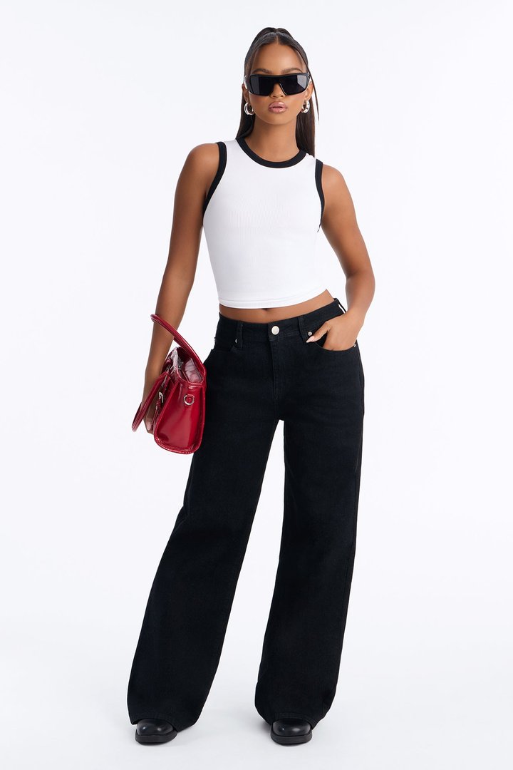 Rachel Ribbed Contrast Binding Crew Neck Tank Top - White/Black