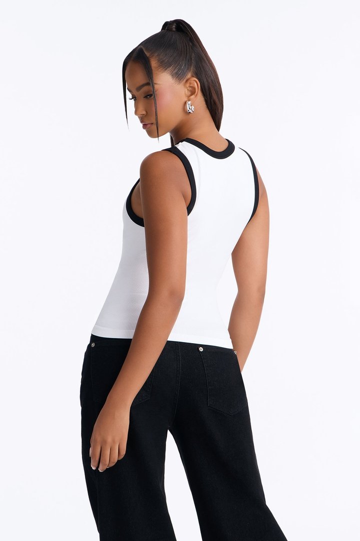 Rachel Ribbed Contrast Binding Crew Neck Tank Top - White/Black