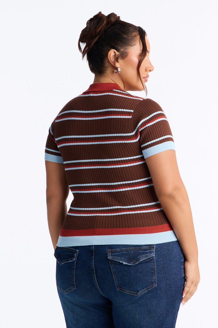 Gigi Short Sleeve Polo Sweater - Blue/combo