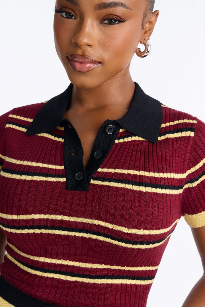 Gigi Short Sleeve Polo Sweater - Burgundy/combo