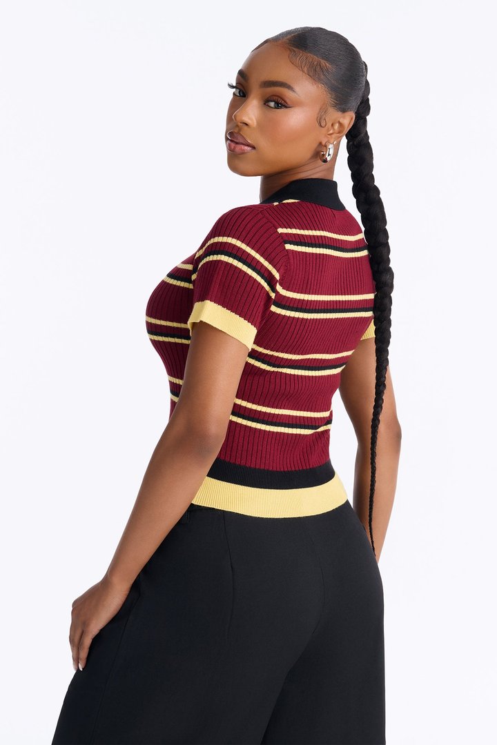 Gigi Short Sleeve Polo Sweater - Burgundy/combo