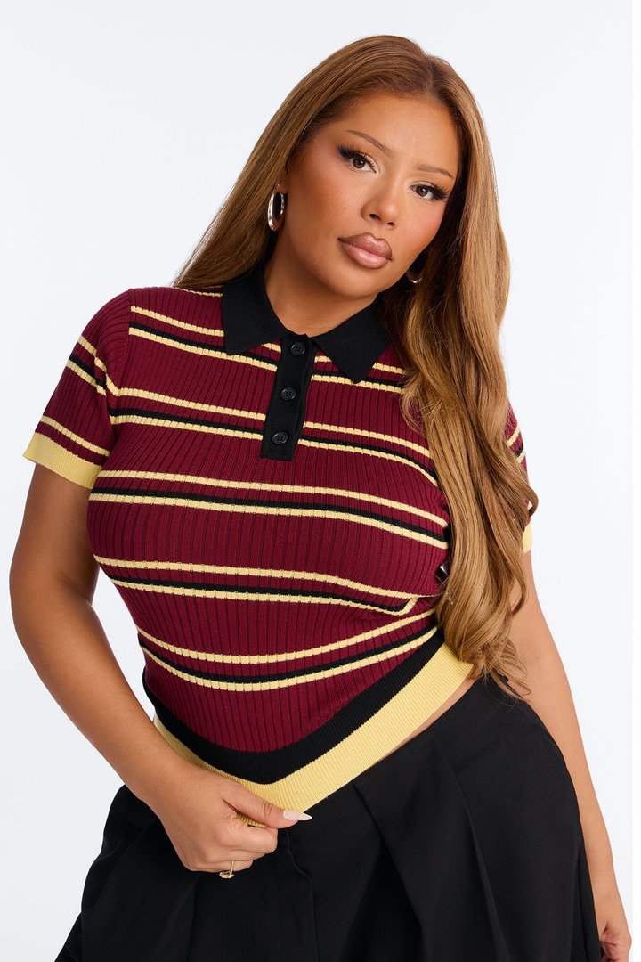 Gigi Short Sleeve Polo Sweater - Burgundy/combo