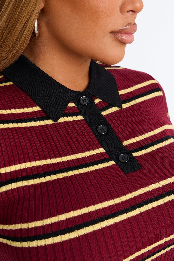 Gigi Short Sleeve Polo Sweater - Burgundy/combo