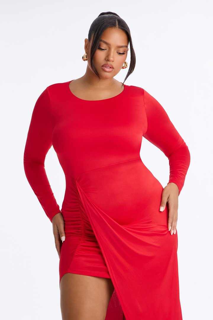 Lillien Ruched Draped Midi Dress - Red