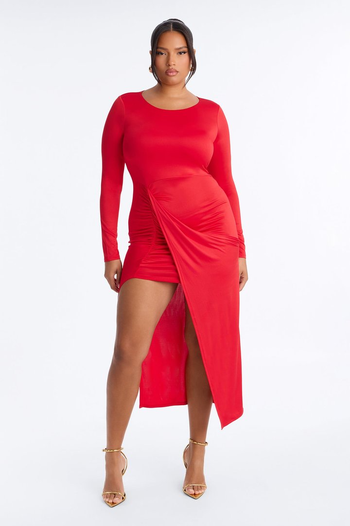 Lillien Ruched Draped Midi Dress - Red