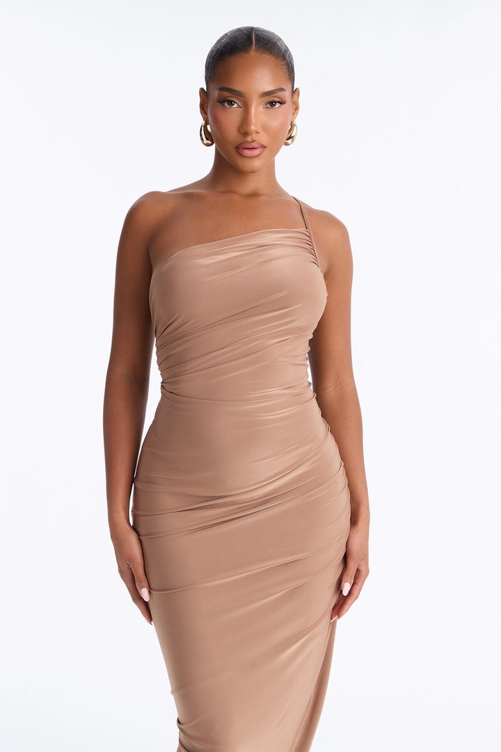 Katy Draped Asymmetrical Midi Dress - Taupe