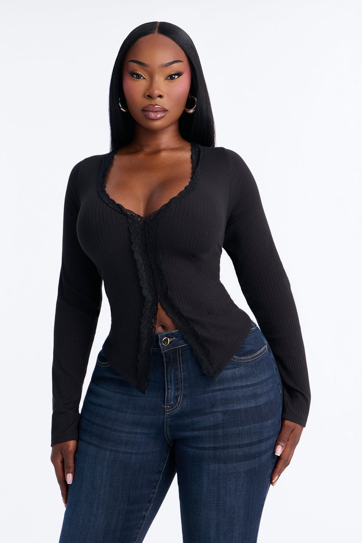 Alta Ribbed Long Sleeve Lace Trim Top - Black