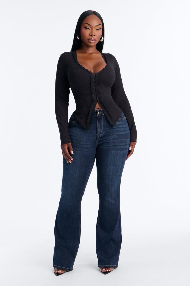Alta Ribbed Long Sleeve Lace Trim Top - Black