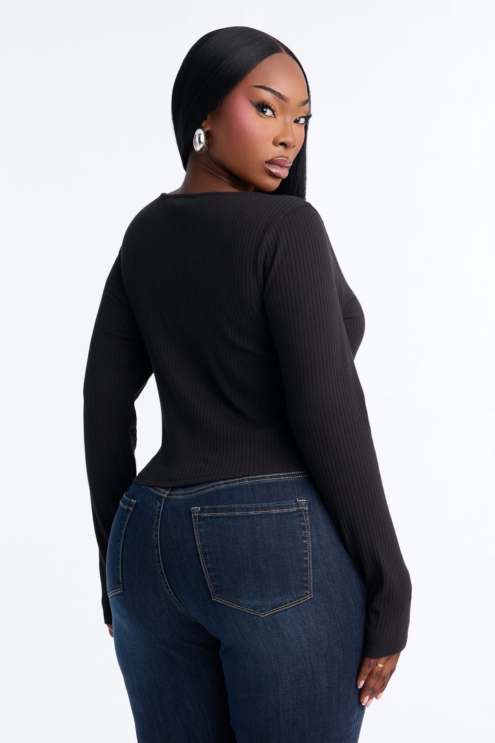 Alta Ribbed Long Sleeve Lace Trim Top - Black