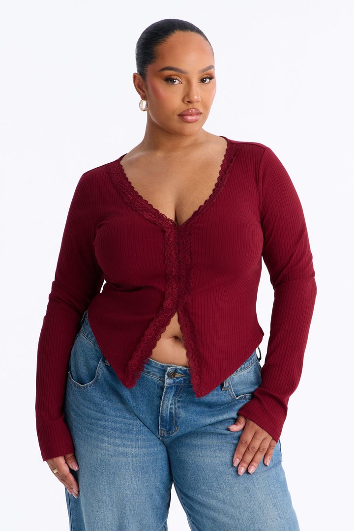 Alta Ribbed Long Sleeve Lace Trim Top - Burgundy