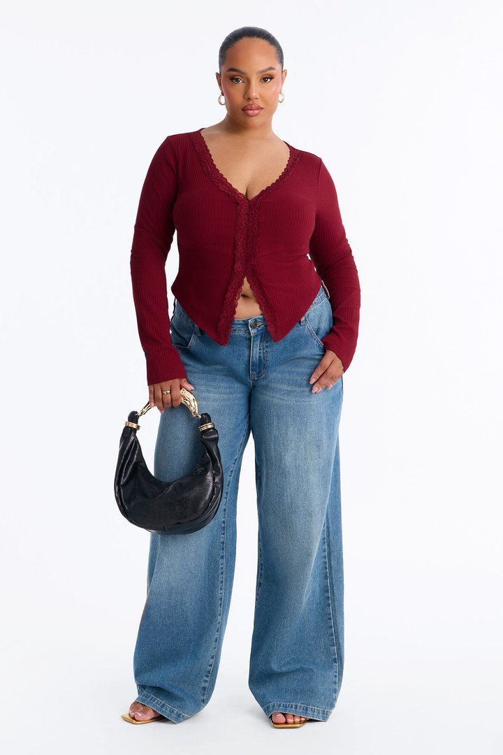 Alta Ribbed Long Sleeve Lace Trim Top - Burgundy
