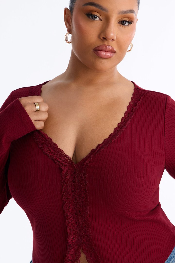Alta Ribbed Long Sleeve Lace Trim Top - Burgundy