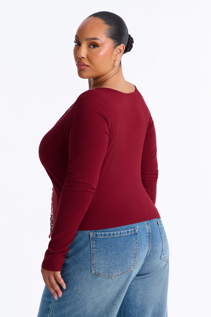 Alta Ribbed Long Sleeve Lace Trim Top - Burgundy