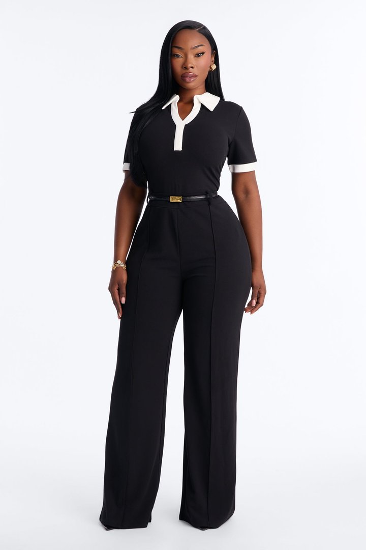 Angelique Belted Wide Leg Jumpsuit - Black/White