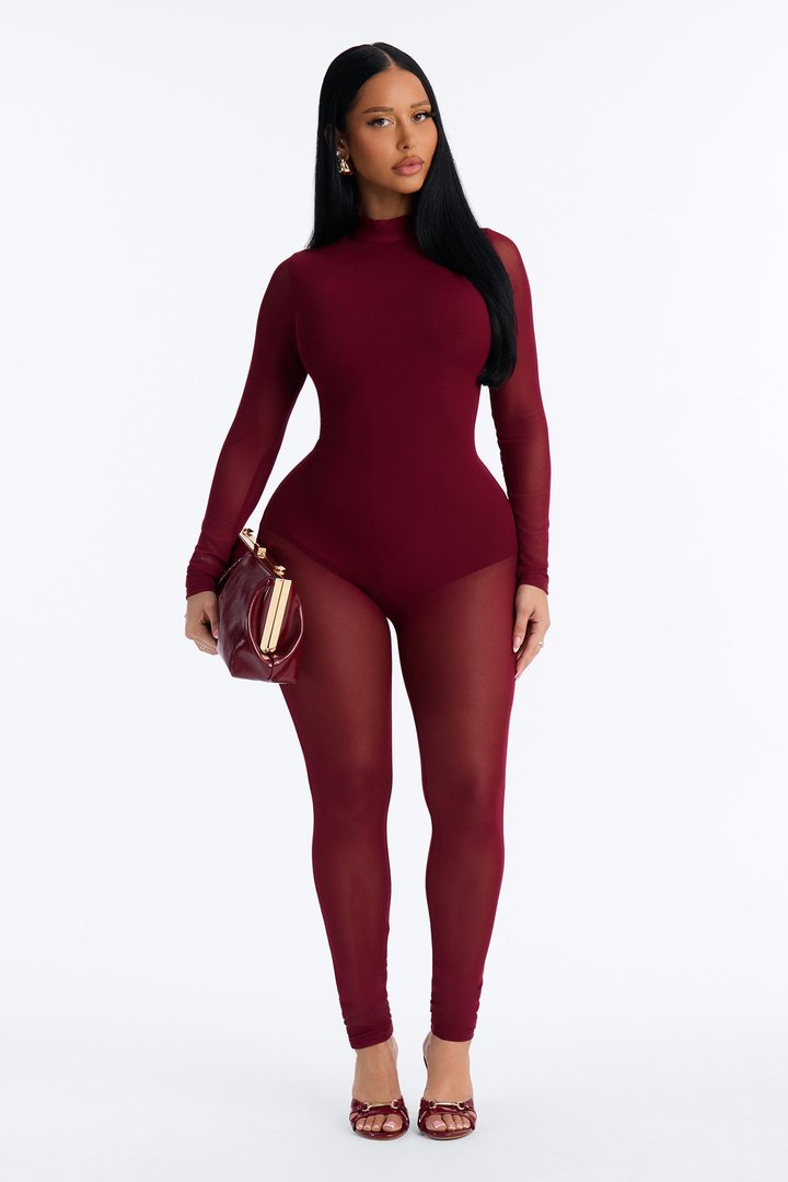 Smooth Moves Mesh Skinny Leg Jumpsuit - Wine