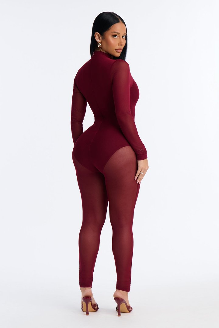 Smooth Moves Mesh Skinny Leg Jumpsuit - Wine