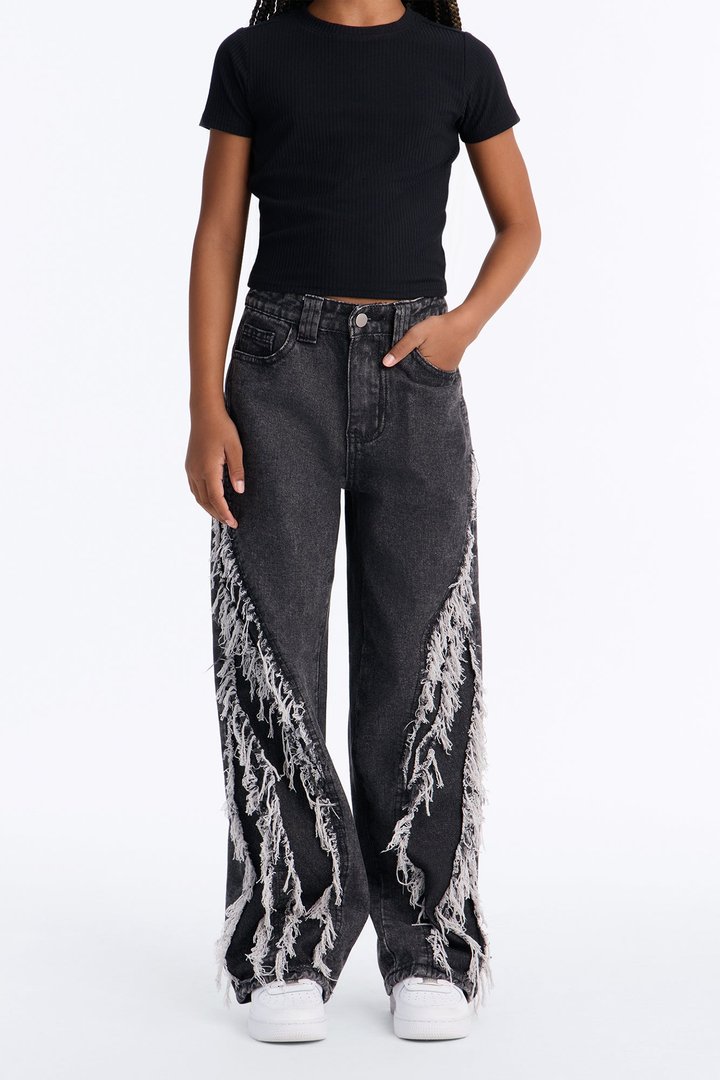 Mini In Control Frayed Wide Leg Jeans - Black