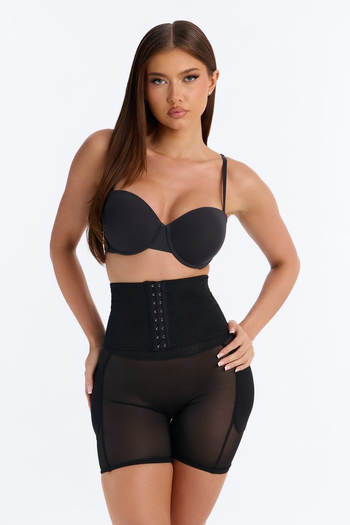 High Waisted Hip & Butt Padded Mesh Shapewear Shorts - Black