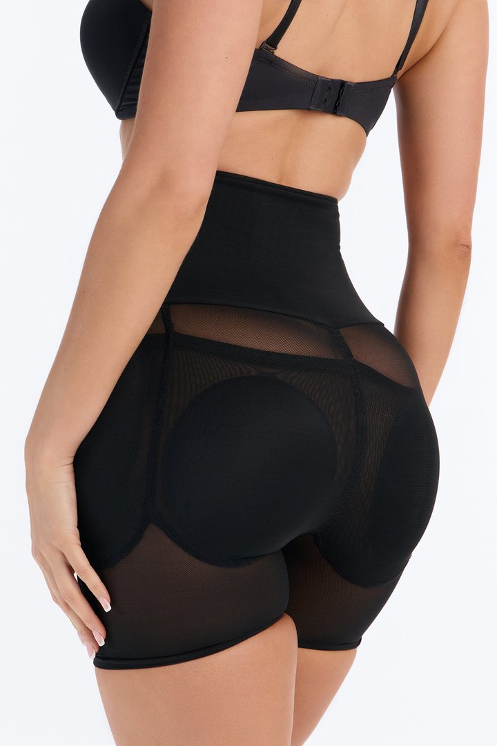 High Waisted Hip & Butt Padded Mesh Shapewear Shorts - Black