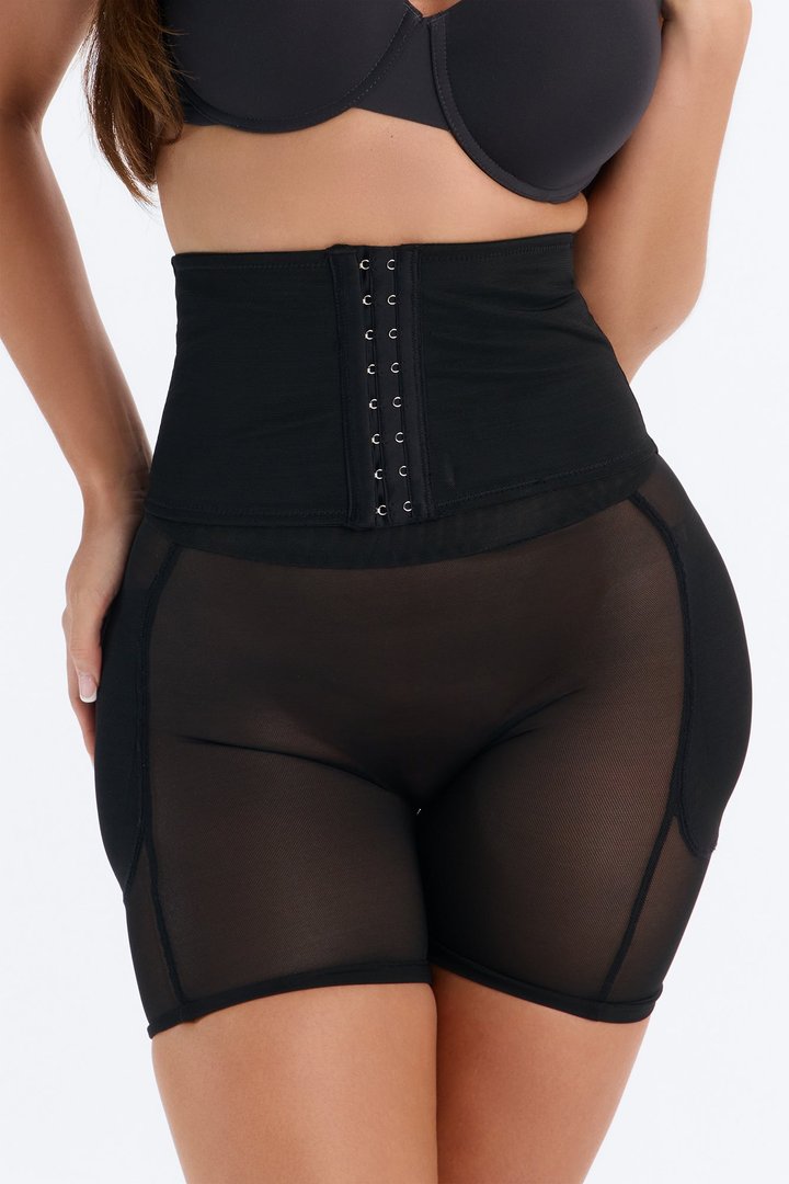 High Waisted Hip & Butt Padded Mesh Shapewear Shorts - Black
