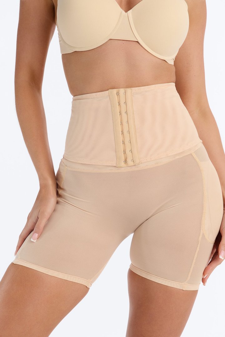 High Waisted Hip & Butt Padded Mesh Shapewear Shorts - Nude