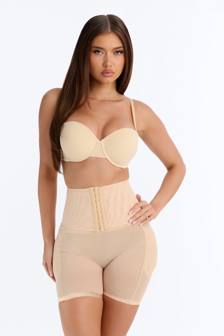 High Waisted Hip & Butt Padded Mesh Shapewear Shorts - Nude