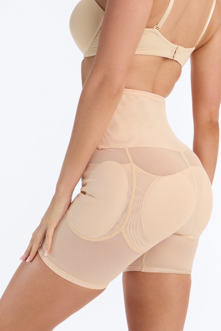 High Waisted Hip & Butt Padded Mesh Shapewear Shorts - Nude
