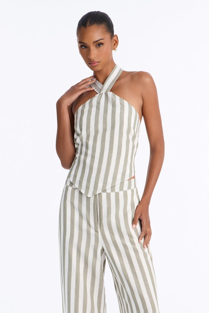 Cruise Attire Striped Linen Halter Top - Olive/combo