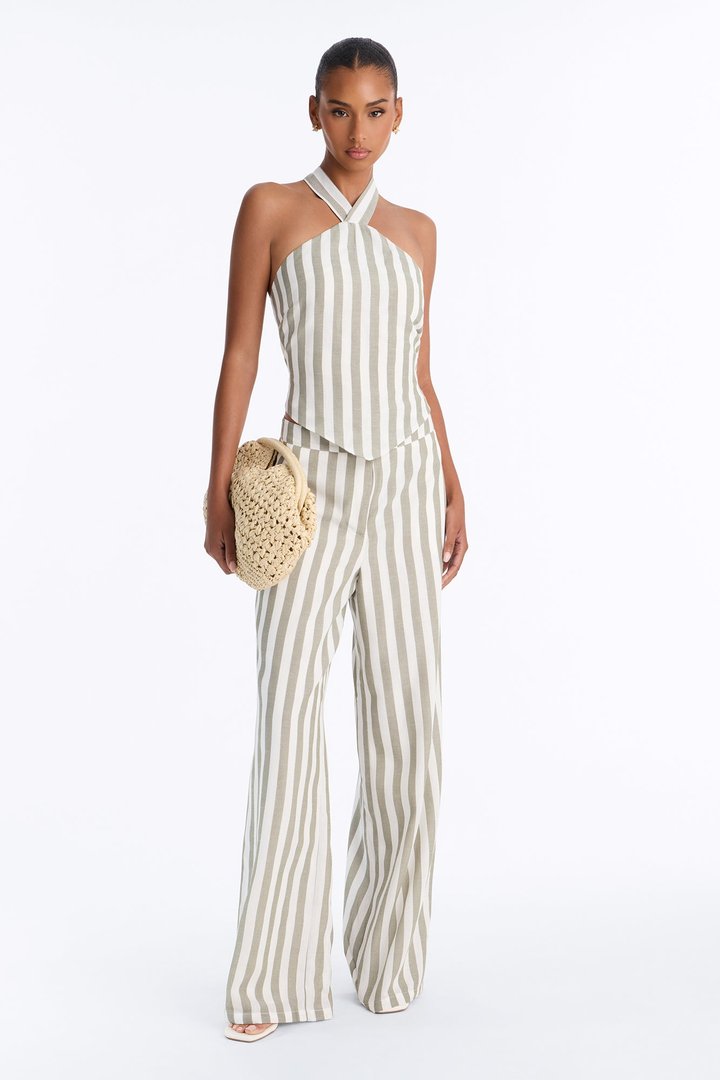 Cruise Attire Striped Linen Halter Top - Olive/combo