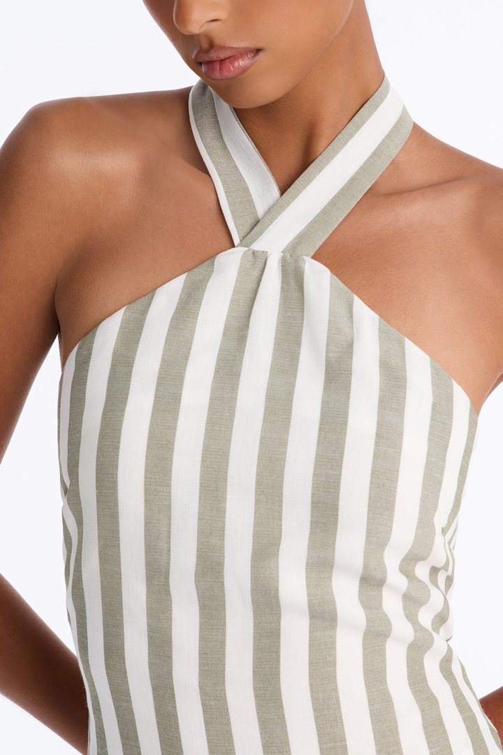 Cruise Attire Striped Linen Halter Top - Olive/combo