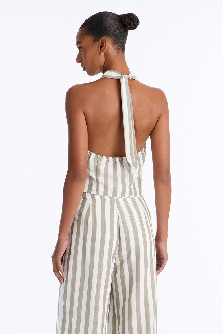 Cruise Attire Striped Linen Halter Top - Olive/combo