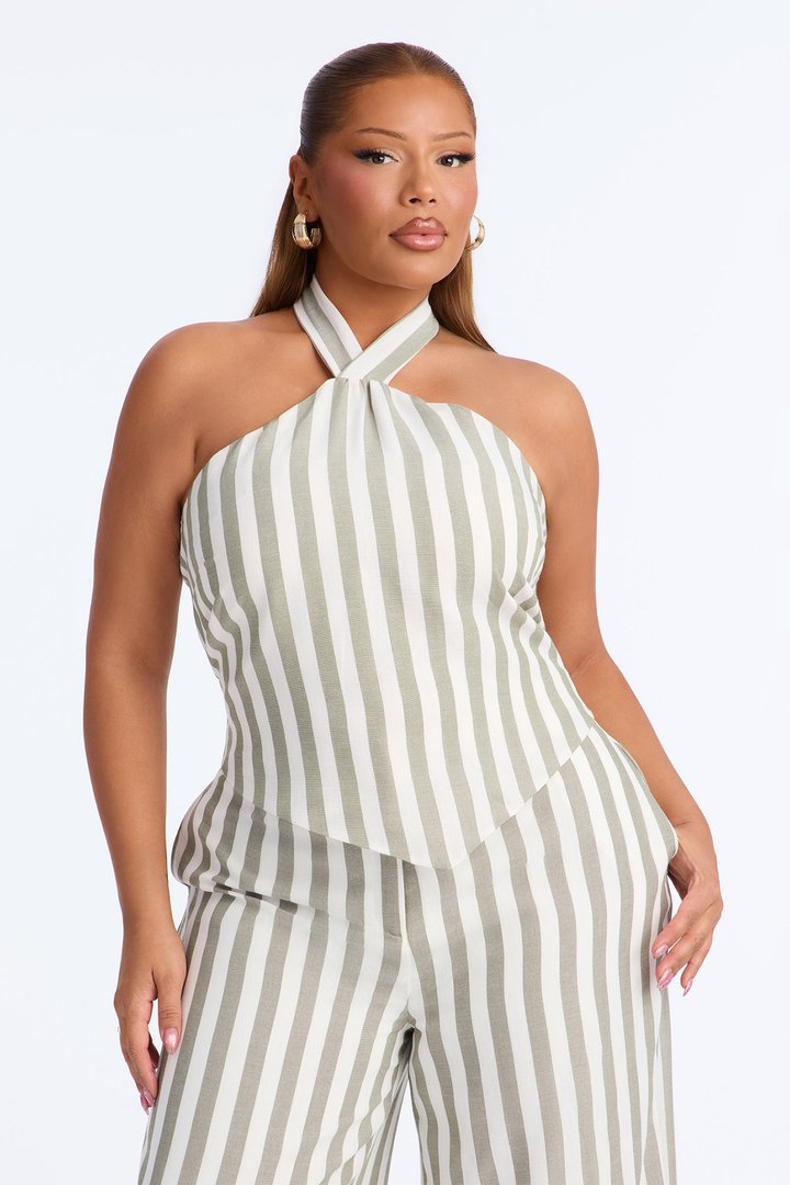 Cruise Attire Striped Linen Halter Top - Olive/combo