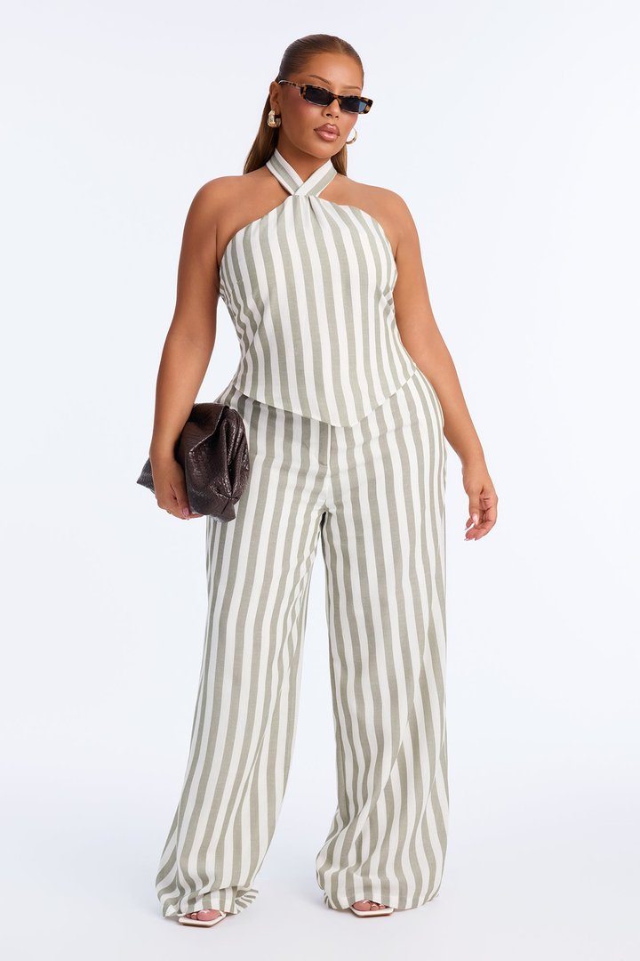 Cruise Attire Striped Linen Halter Top - Olive/combo