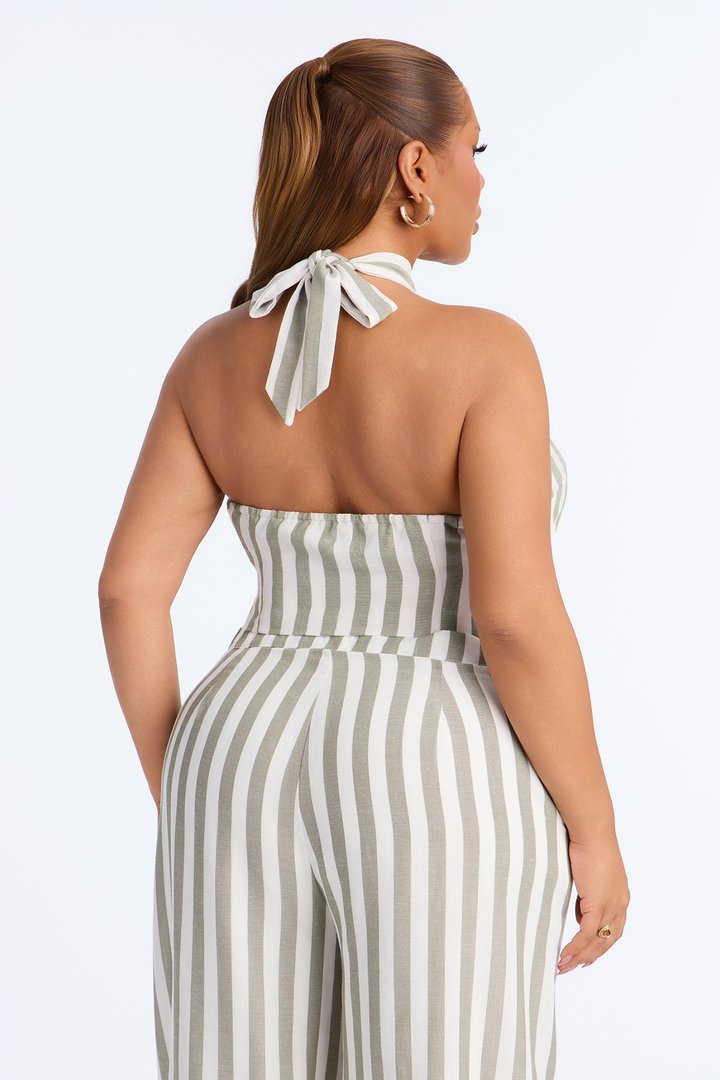 Cruise Attire Striped Linen Halter Top - Olive/combo