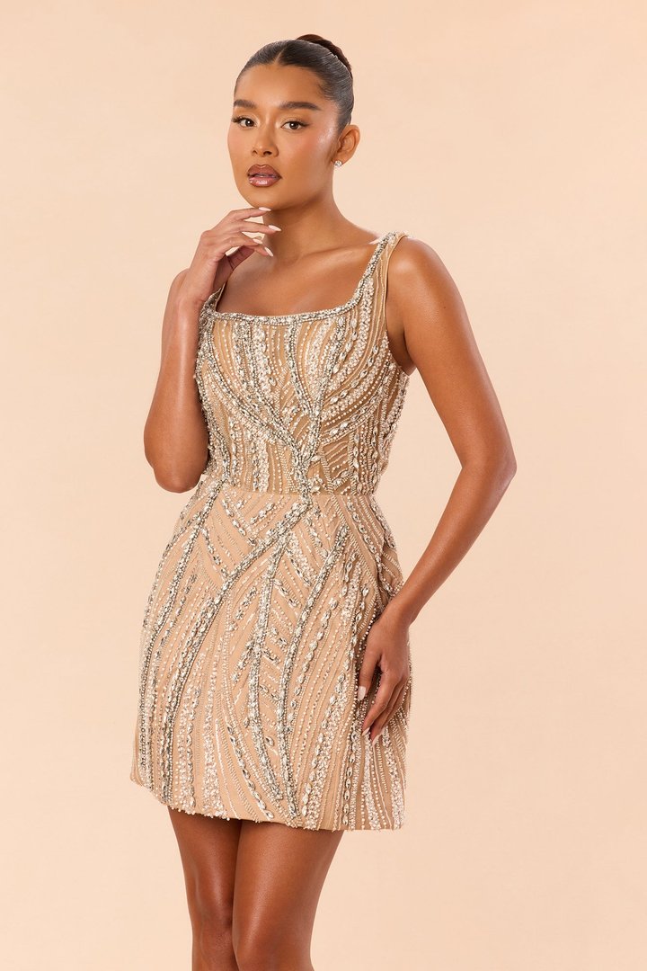 All Glamour A Line Embellished Mini Dress - Nude