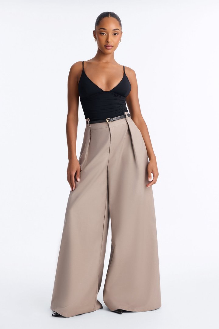 Steph Step Waistband Belted Wide Leg Trouser - Taupe