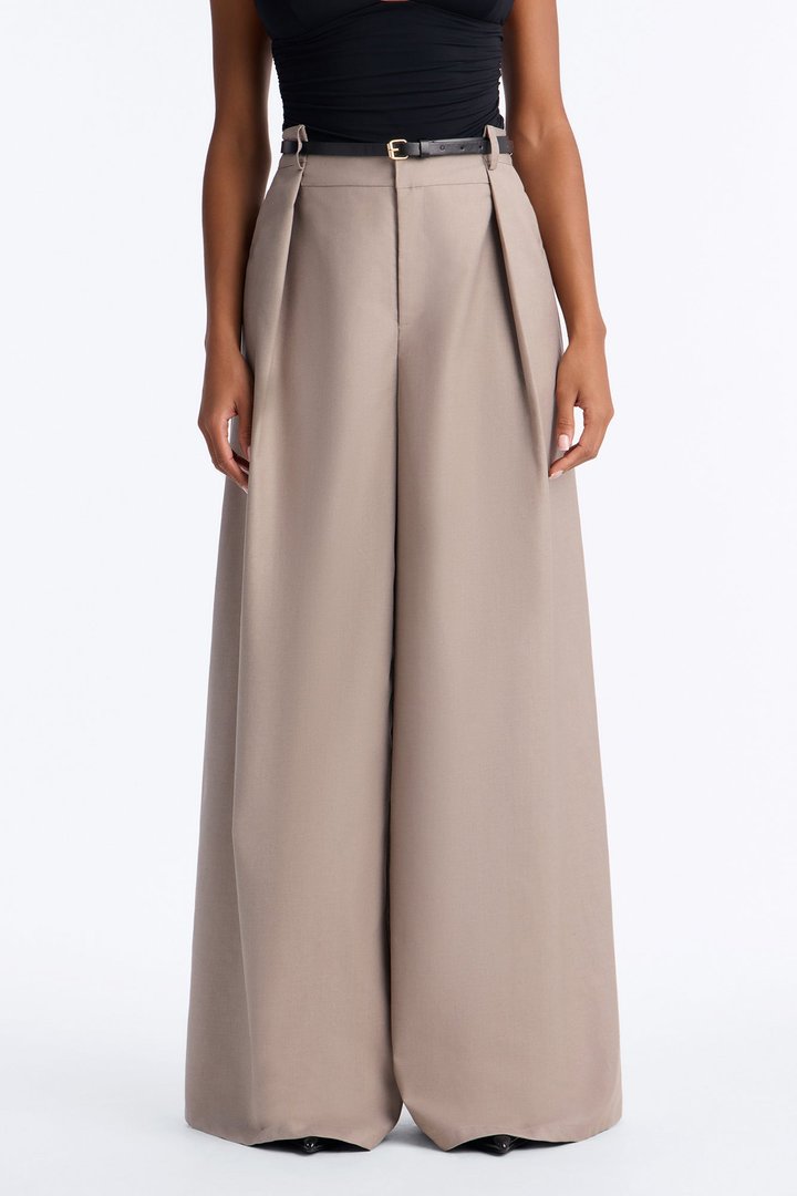 Steph Step Waistband Belted Wide Leg Trouser - Taupe