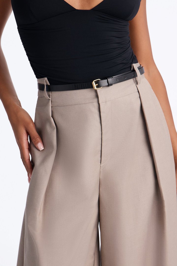 Steph Step Waistband Belted Wide Leg Trouser - Taupe