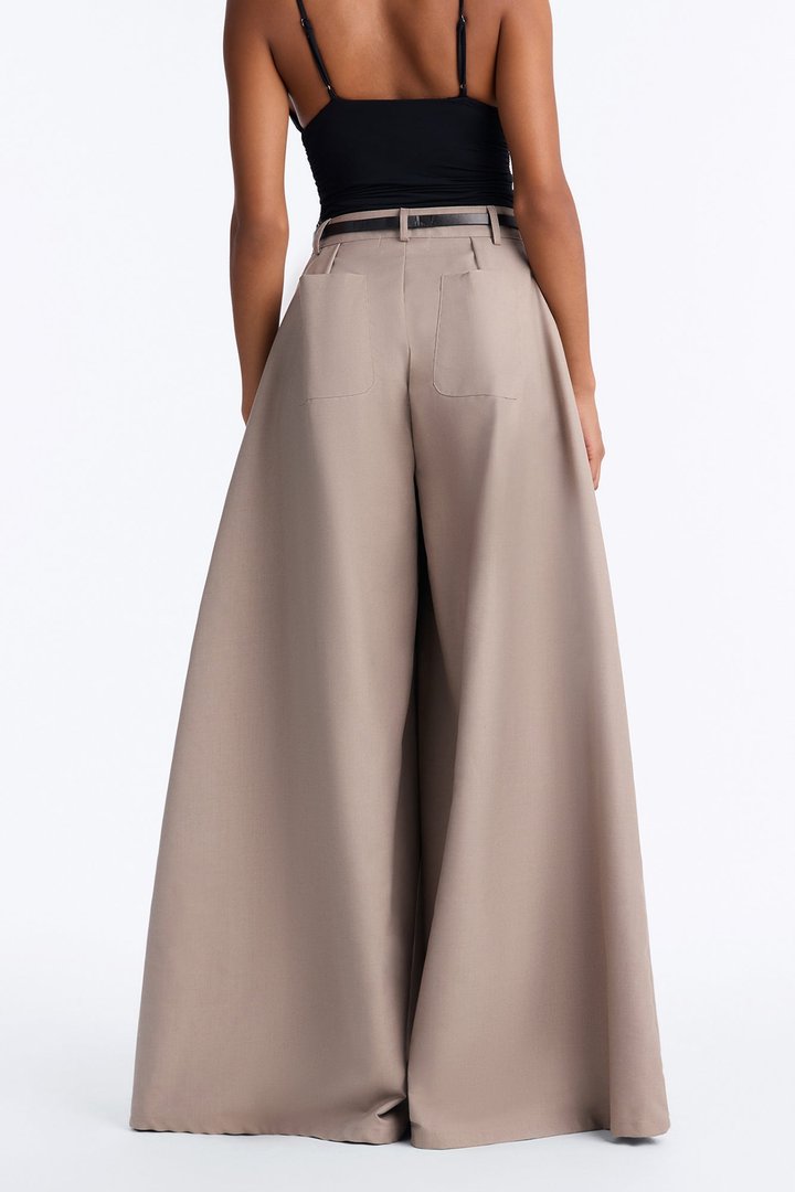 Steph Step Waistband Belted Wide Leg Trouser - Taupe