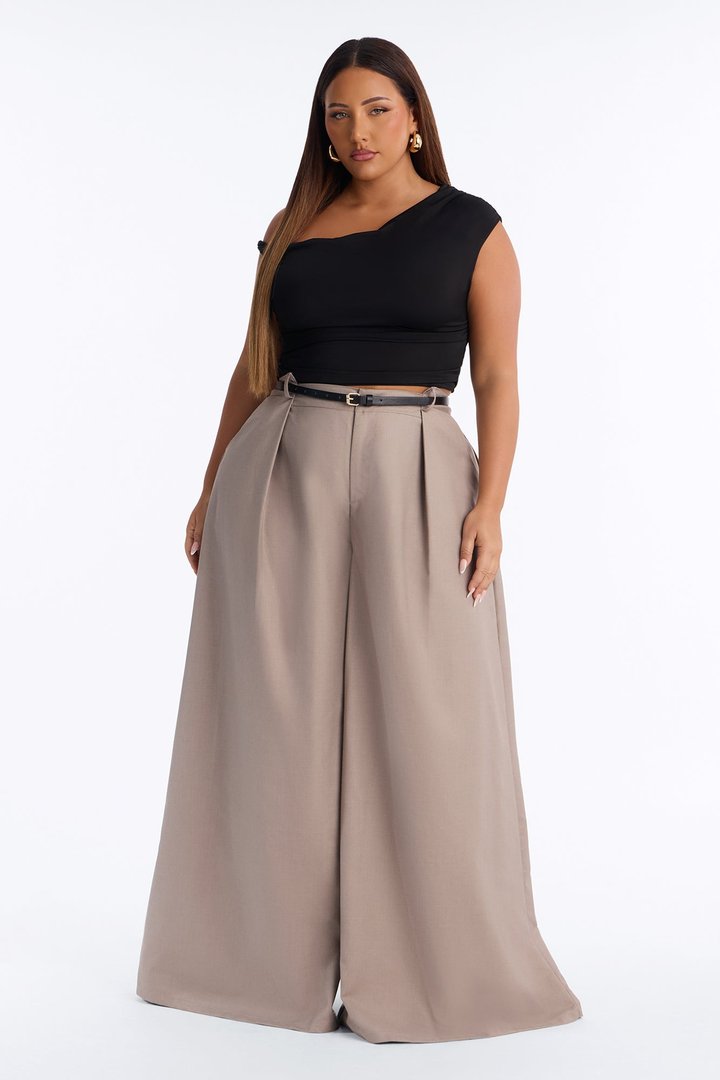 Steph Step Waistband Belted Wide Leg Trouser - Taupe