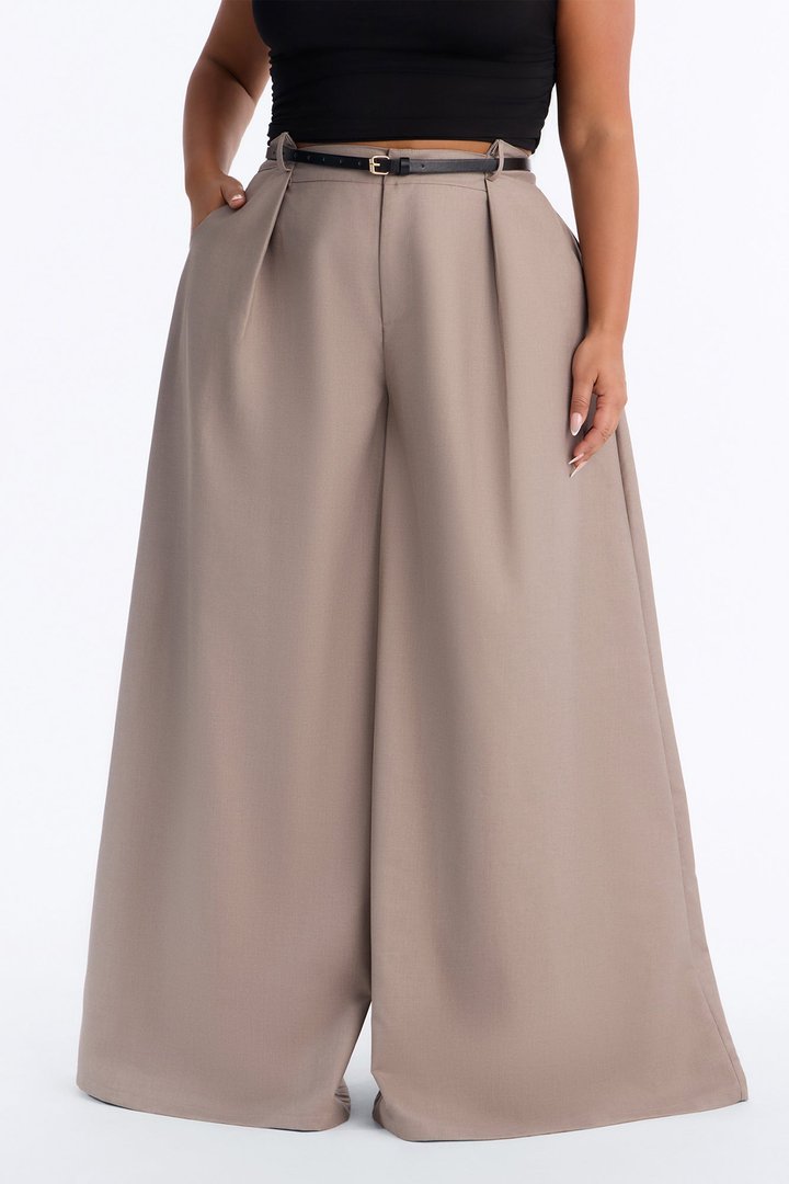 Steph Step Waistband Belted Wide Leg Trouser - Taupe