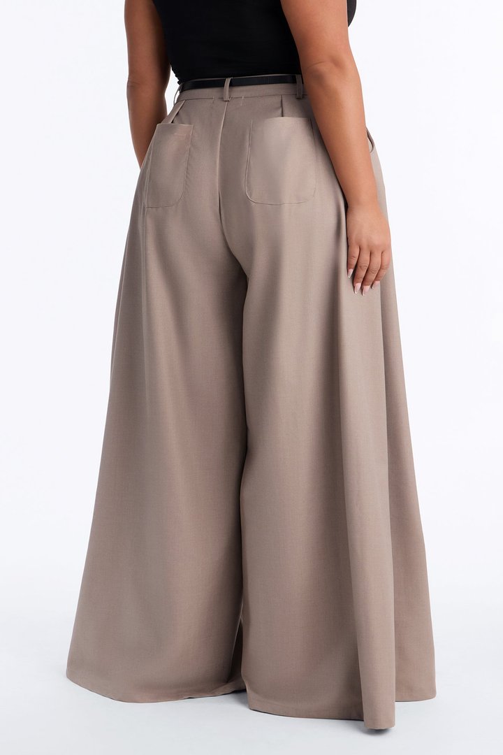 Steph Step Waistband Belted Wide Leg Trouser - Taupe