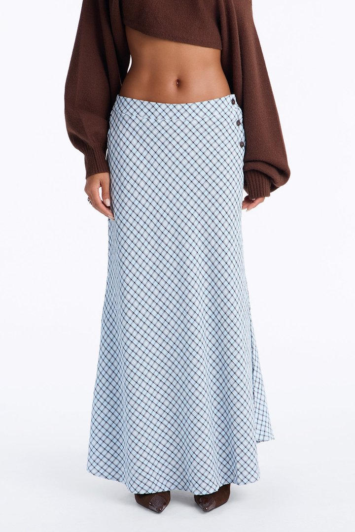 Annabella Plaid Seersucker Ankle Maxi Skirt - Blue/combo