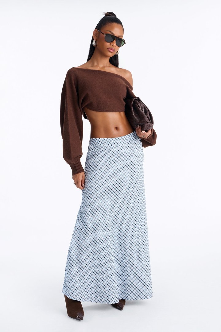 Annabella Plaid Seersucker Ankle Maxi Skirt - Blue/combo