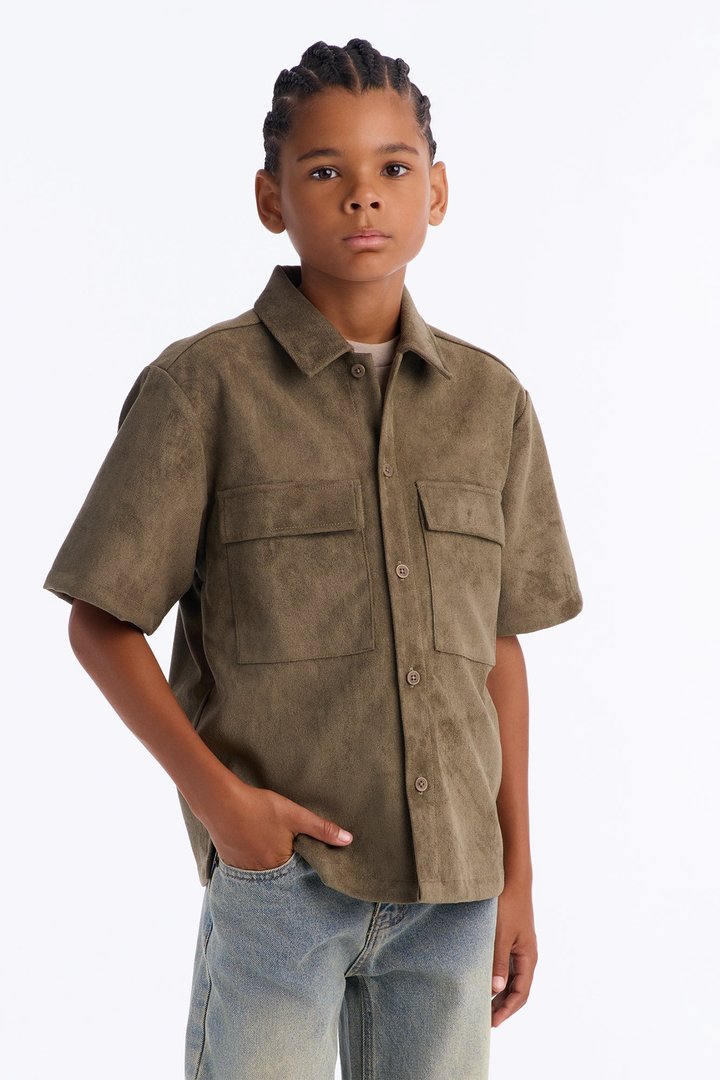 Mini Relaxed Brushed Double Pocket Button Up Shirt - Olive
