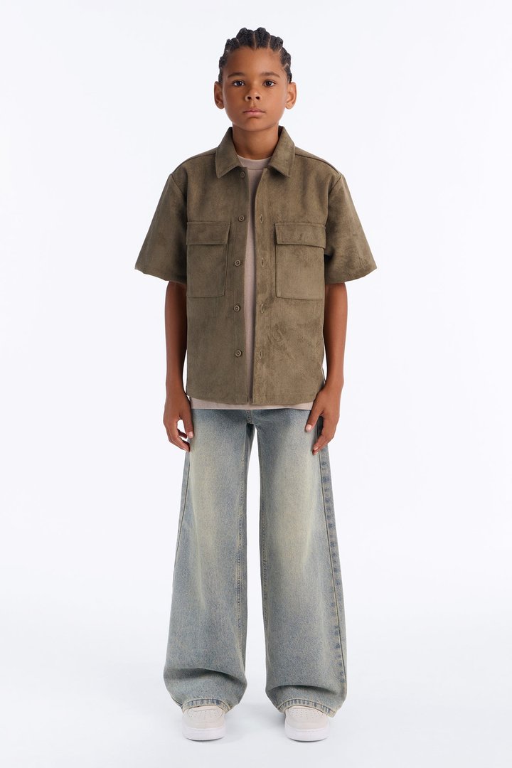 Mini Relaxed Brushed Double Pocket Button Up Shirt - Olive